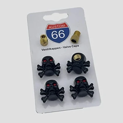 Abbildung von 4er Set Ventilkappen + 2 Fahrradadapter Totenkopf schwarz mit Knochen für jedes Auto, Motorrad und Fahrrad geeignet