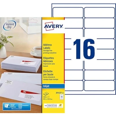 Abbildung von AVERY Packung mit 240 selbstklebenden Adressaufklebern, personalisierbar und bedruckbar, Format 99,1 x 33,9 mm, Tintenstrahldruck, (J8162 15)