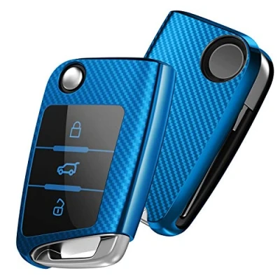 Abbildung von OATSBASF Autoschlüssel Hülle VW, VW Golf 7 Schlüsselhülle, Schlüsselbox Cover für Polo, Skoda, Tiguan, MK7 3 Tasten (Blau Streifen)
