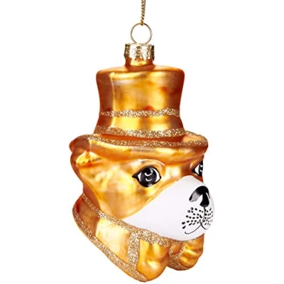 Abbildung von BRUBAKER Stylischer Hund mit Hut und Fliege Gold Handbemalte Weihnachtskugel aus Glas Mundgeblasener Christbaumschmuck Figuren lustig Deko Anhänger Baumkugel 10 cm
