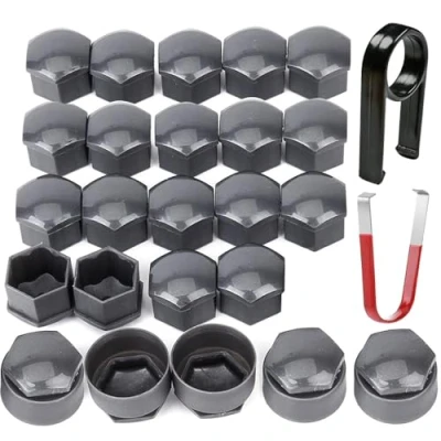Abbildung von Gebildet 24Stück Radmutternkappen 17mm (5 spc Diebstahlsicherungsschraubenkappen+19Stück normale Schraubenkappen),sechseckige Reifenmutternabdeckungen mit Entfernungswerkzeugsatz für Autos(grau)