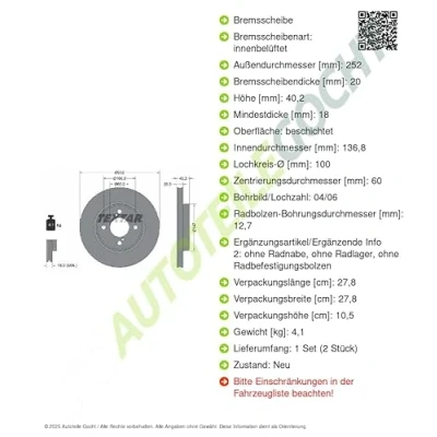 Abbildung von TEXTAR 92303703 Bremsscheibe 252 20 04/06 100 innenbelüftet beschichtet ohne Radbefestigungsbolzen, Radnabe SUZUKI: SWIFT 5, Baleno II Schrägheck