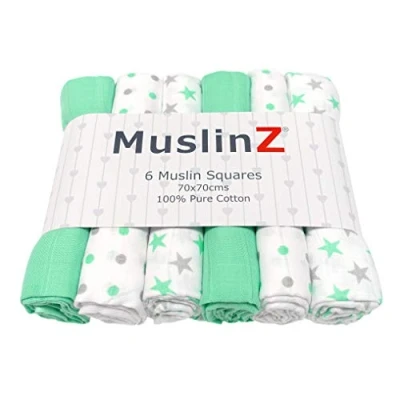 Abbildung von Muslinz Baby Musselintücher, quadratisch, mullwindeln 100% Baumwolle, 70 x cm, Minz Sterne, 6 Stück