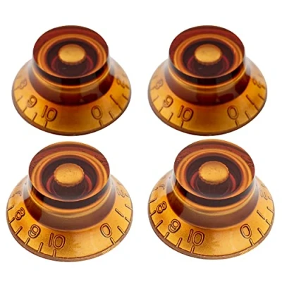 Abbildung von Musiclily Pro Metrische Größe 18 Splines Hutform Potiknopfe Top Hat Bell Knobs für Asien Import Gitarre Bass Split Shaft Poti, Amber(4er Set)