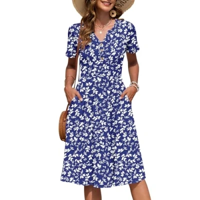 Abbildung von AUSELILY Damen Kurzarm Sommerkeider Knielange Sommer Kleider V Ausschnitt mit Knöpfen Empire Midikleid Taschen Kleine Blau Blumen L