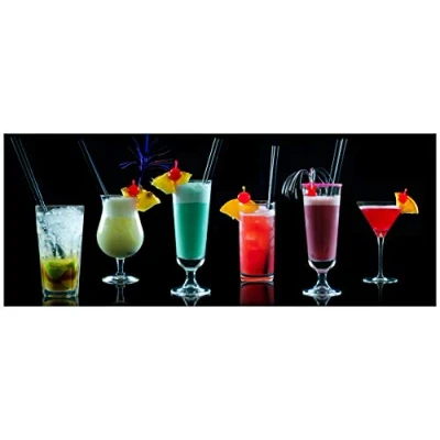 Abbildung von Wallario Glasbild Bunte Cocktails vor schwarzem Hintergrund 32 x 80 cm Wandbilder Glas in Premium Qualität: Brillante Farben, freischwebende Optik
