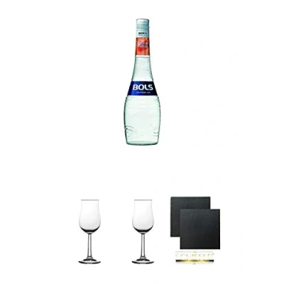 Abbildung von Bols Creme de Cacao Weiß Holland 0,7 Liter + 2 Bugatti Nosing Gläser mit Eichstrich 2cl und 4 cl Schiefer Glasuntersetzer eckig ca. 9,5 cm Ø