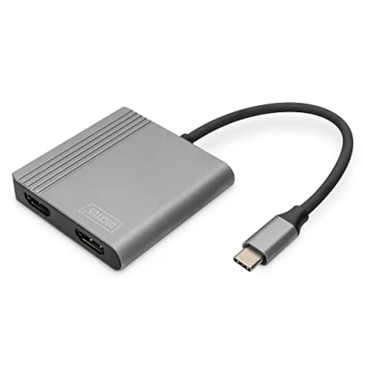 Abbildung von DIGITUS USB C 2X HDMI Adapter, 18 cm 4K/30Hz, Silber, Aluminium Gehäuse