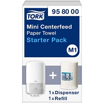 Abbildung von Tork Mini Centrefeed Papierhandtücher Starter Pack 958000 M1 + Nachfüllpapier (120 Meter), Groß