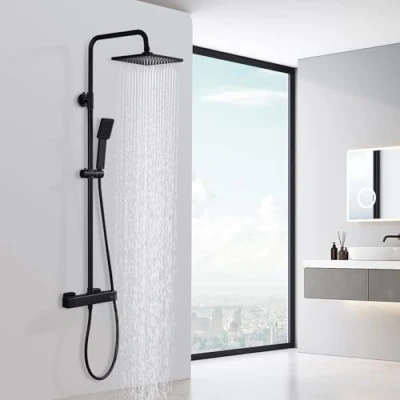 Abbildung von HOMELODY Duschsystem mit Thermostat Schwarz Duscharmatur Edelstahl Regendusche armatur, Komplettset 2 Shower Head Sicherheitssperre bei 38C,