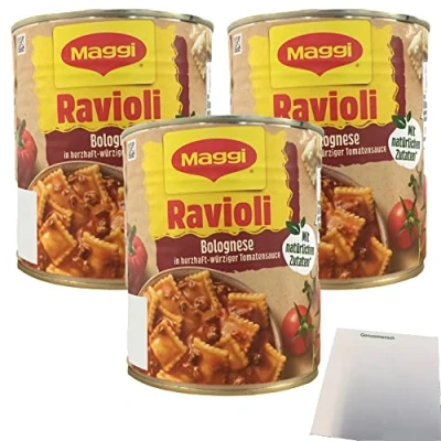 Abbildung von Maggi Ravioli Bolognese in herzhaft würziger Tomatensauce 3er Pack (3x800g Dose) + usy Block