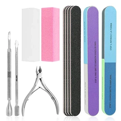 Abbildung von Wovte Nagelfeilen Set, 11 Stück, 7 Wege Block, Polierblock, mit Nagelhautzange und Schieber für abgestorbene Haut, Maniküre Werkzeuge
