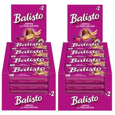 Abbildung von Balisto Riegel Yoberry 2x 20x37g Keks mit Vollkorn und einer Crème Waldbeerengeschmack, umhüllt von Milchschokolade Schokoriegel Snack Schokolade