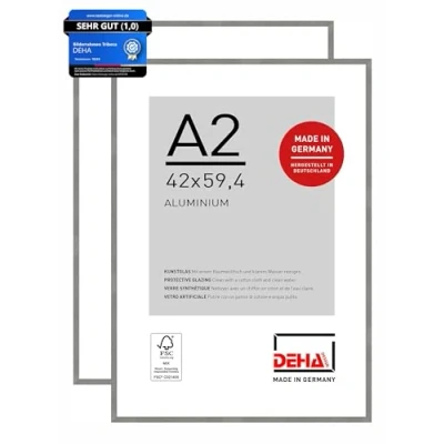 Abbildung von DEHA Design Bilderrahmen, 42 x 59,4 cm (A2) (2er Set), Aluminium, Grau matt, Posterrahmen zum Aufhängen im Hoch &amp; Querformat, bruchsicheres Kunstglas, Tribeca