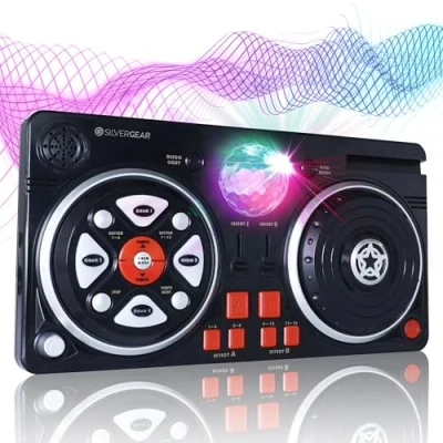 Abbildung von Silvergear® DJ Set für Kinder Pult Anfänger mit Kopfhörer und Discokugel 46 Soundeffekte AUX Kabel Eigene Musik Tragbares Equipment Batteriebetrieben
