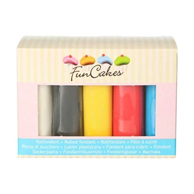 Abbildung von FunCakes Fondant Multipack Primary Colours: Einfach zu Verwenden, Flexibel, Perfekt zum Dekorieren von Torten, Halal, Koscher und Glutenfrei. 5 Farben: Weiß, Gelb, Blau, Rot Schwarz. 5x100g