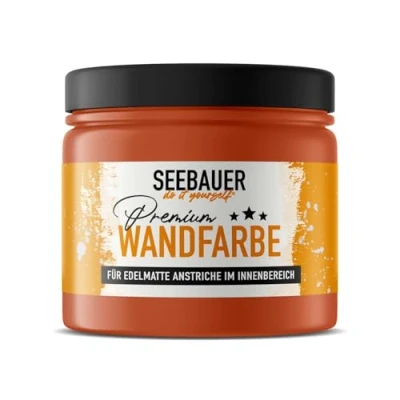 Abbildung von SEEBAUER diy Wandfarbe orange 300ML für Innen (No. 500 Bali Sunset) Edelmatte Innenfarbe Orangetöne sehr hohe Deckkraft Matt, Abwaschbar und Tropffrei
