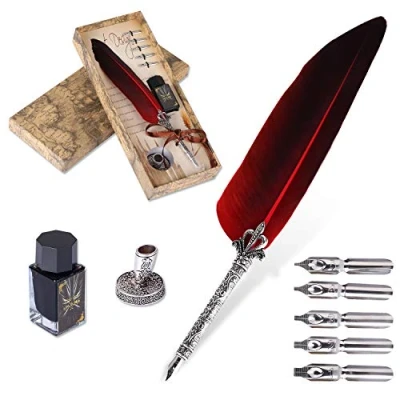 Abbildung von VABNEER Dip Stift mit Feder, Schreibstift Feder für den persönlichen Gebrauch, Geschenk Executive und Bürodekoration, antik (mit Tinte)