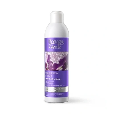 Abbildung von Bottega Verde Orchidee und Reis Lila Shampoo feuchtigkeitsspendendes Anti Gelb (250 ml) graues, weißes oder gebleichtes Haar