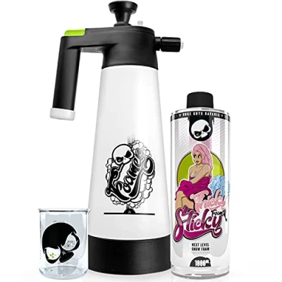 Abbildung von NUKE GUYS VORWÄSCHE SET: THICKY STICKY SNOW FOAM pH neutral + FOAMER HD ALKA LINE 2 Liter Sprühflasche mit 3 verschiedene Schaumdüsen hochwertiger 150ml Messbecher