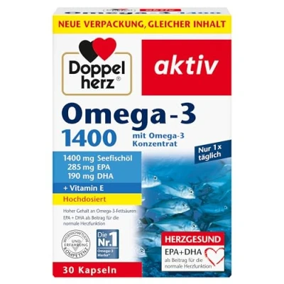 Abbildung von Doppelherz Omega 3 1400 Hochdosiertes Konzentrat plus Vitamin E Hoher Gehalt an Fettsäuren EPA &amp; DHA 30 Kapseln