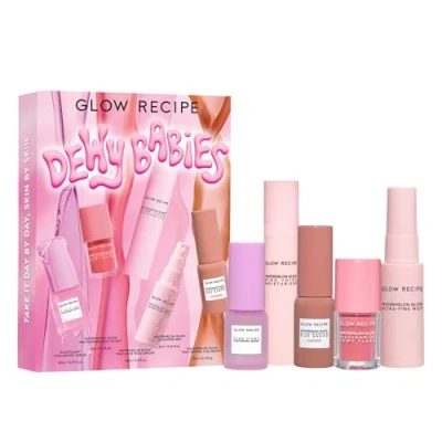 Abbildung von Glow Recipe Dewy Babies Reise Hautpflege Set Pflaume Plump Hyaluronsäure Serum + Flush getönte Rouge Tropfen Pink Juice Face Moisturizer Bronzing Hue Drops Ultra Fine Facial Mist (5 Stück