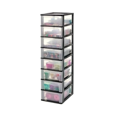 Abbildung von Iris Ohyama, Kunststoff Schubladenbox mit 8 flachen Schubladen, Schwarz, Easy Pull System, A4, A5 &amp; A6 Format, Schreibtisch Organizer für Büro, Schule, Schreibwaren, BPA frei, Schubladenschrank,