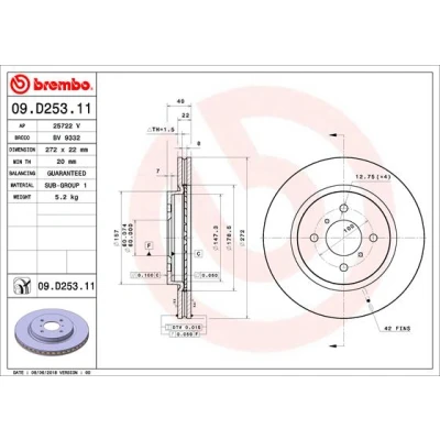 Abbildung von BREMBO 09.D253.11 Bremsscheibe 272 22 4 innenbelüftet beschichtet SUZUKI: SWIFT