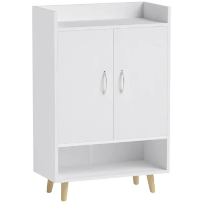 Abbildung von HOMCOM Schuhschrank Schuhregal mit Türen und Regalen für Flur Eingangsbereich, moderner Schuhkommode Schuhablagen, E1 Spanplatte, Massivholz, Weiß, 60 x 30 92 cm