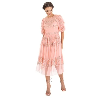 Abbildung von Maya Deluxe Damen Womens Midi Ladies Sequin Embellished Short Sleeve Dress for Wedding Guest Bridesmaid Prom Ball Evening Occasion Kleid, Apricot Blush,40