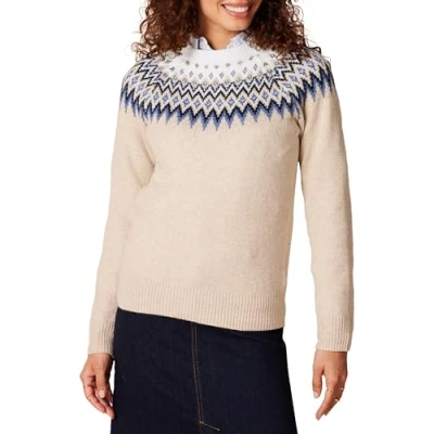 Abbildung von Amazon Essentials Damen Soft Touch Pullover mit Rundhalsausschnitt und Fair Isle Muster, Blau Taupe Meliert Weiß Norweger, XXL