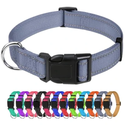 Abbildung von TagME Nylon Hundehalsband, Verstellbares Reflektierendes Hundehalsband mit Sicherheitsschnalle für Mittlere Hund, Grau, 2.5cm Breite