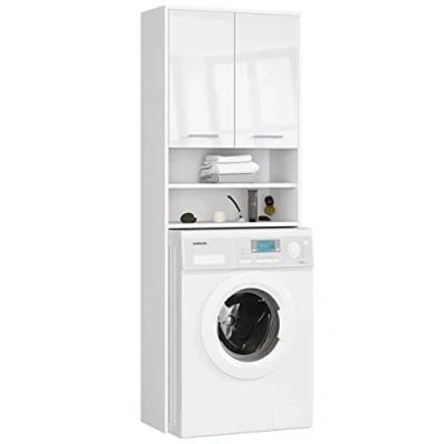 Abbildung von Home Collective Waschmaschinenumbauschrank 64x30x180cm, Badezimmer Hochschrank, mit 2 Türen und 4 Regalen Badschrank Badregal Flur weiß Hochglanz