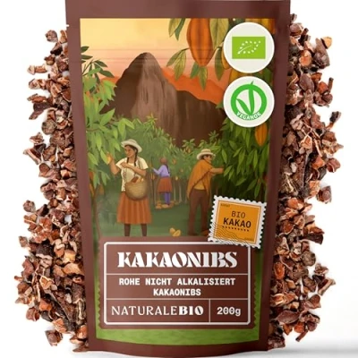 Abbildung von Roh Kakao Nibs Bio 200g. Organic Raw Cacao Nibs. Rohkost, natürlich und rein. Produziert aus der Theobroma Pflanze. Quelle für Magnesium, Kalium Eisen.