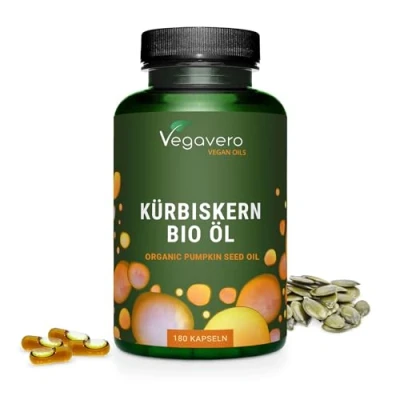 Abbildung von Bio Kürbiskernöl Kapseln Premium: kaltgepresst Keine Gelatine 45% Linolsäure (Omega 6) Laborgeprüft Vegan Ohne Zusatzstoffe Deutsche Produktion von Vegavero®