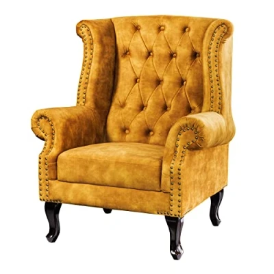 Abbildung von Riess Ambiente Design Ohrensessel Chesterfield 85cm senfgelb Samt Knopfheftung Sessel Polstersessel