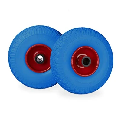 Abbildung von Relaxdays Sackkarrenrad Set, pannensicher, 3.00 4 Vollgummireifen, Stahlfelge, 25 mm Achse, 100 kg, 260x85mm, blau rot
