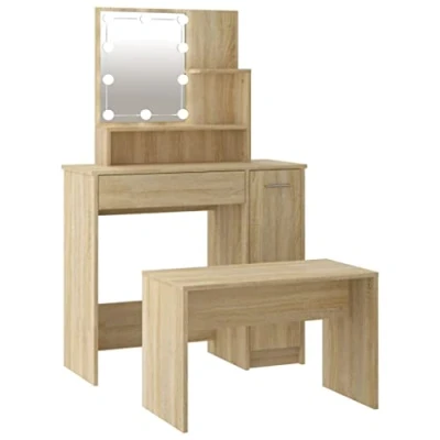 Abbildung von vidaXL Schminktisch Set mit LED Frisiertisch Kommode Frisierkommode Kosmetiktisch Hocker Spiegel Schminkhocker Schlafzimmer Sonoma Eiche Holzwerkstoff