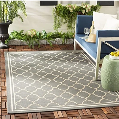 Abbildung von SAFAVIEH Geometrisch Teppich für Innen &amp; Außenbereich Wasserdicht Courtyard Collection, Kurzer Flor, Anthrazit und Beige, 160 X 231 cm