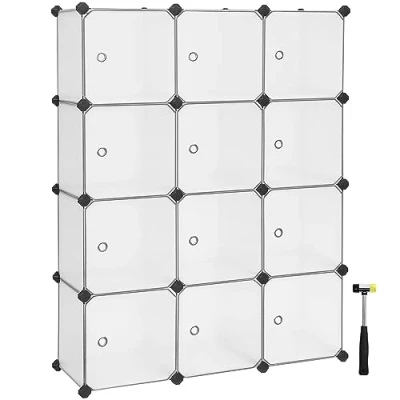 Abbildung von SONGMICS Regalsystem, Schuhregal, Set aus 12 Würfeln, Kleiderschrank Kunststoff, mit Türen, Steckregal, Aufbewahrung von Kleidung, Schuhen und Büchern, einfache Montage, weiß LPC342W01
