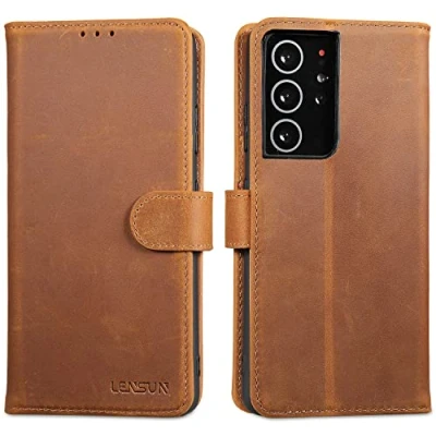 Abbildung von LENSUN Echtleder Hülle für Samsung Galaxy S21 Ultra, Handyhülle [Echtes Leder][Magnetverschluss][RFID] Handytasche Lederhülle Ultra 5G Vintage Braun