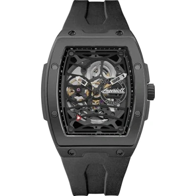 Abbildung von Ingersoll The Rim Herrenuhr 42 mm Automatikuhr mit schwarzem Skelettziffernblatt und PU Armband I16201