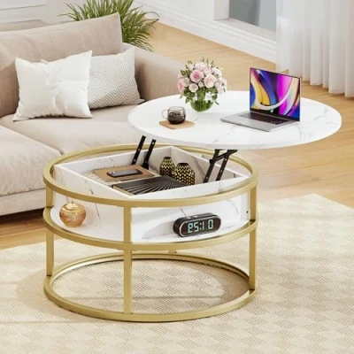 Abbildung von DWVO Couchtische für Wohnzimmer, runder Couchtisch, Couchtisch mit Ablagefläche und verstecktem Fach, rustikaler Kleiner Holz Mitteltisch, Weiß Gold