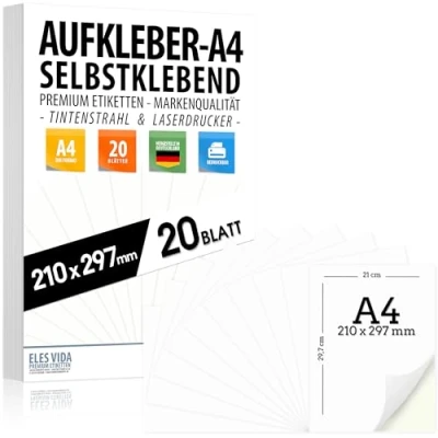 Abbildung von ELES VIDA Etiketten A4 20 Stck 210x297 mm, universell bedruckbar, matte weie Oberflche, kompatibel mit Inkjet und Laserdruckern, Aufkleber fr vielseitige Anwendungen
