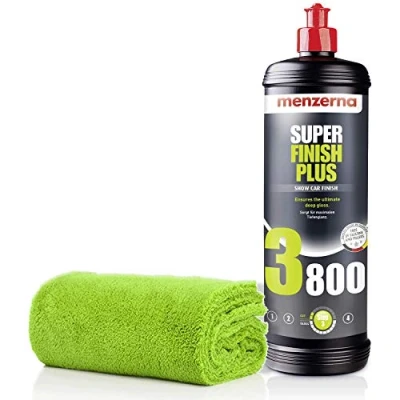Abbildung von detailmate Autopflege Set Auto Polier Set: Menzerna Politur Heavy Cut, Medium Finish, Carnauba/Polymer Wachs + Mikrofaser Poliertuch zum Auspolieren Lack (3800 Super Finish Plus 1L)