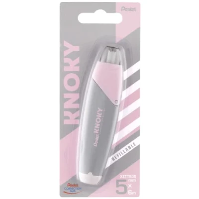 Abbildung von Pentel XZTT805N WY Knoky Korrekturband mit Druckmechanik, ergonomische Form, nachfüllbar, Länge 6m, Breite 5mm, Gehäusefarbe grau, 1 Stück auf Blisterkarte