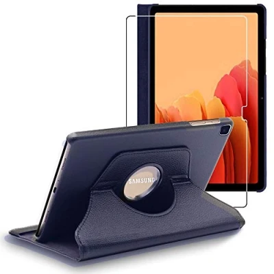 Abbildung von ebestStar Hülle für Samsung Galaxy Tab A7 10.4 T505 (2022, 2020), Drehbar Schutzhülle, PU Lederhülle, Rotierende Ständer Etui, Rotating Case Cover, Dunkelblau + Panzer Schutz Glas