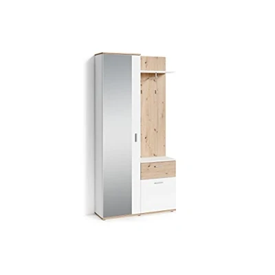 Abbildung von byLIVING Jakob 01 Kompaktgarderobe mit Spiegelhochschrank, Wandpanel und Kommode, robuste Melamin Oberfläche in Artisan Eiche Optik Weiß, Holzwerkstoff, B 97, H 195, T 30 cm