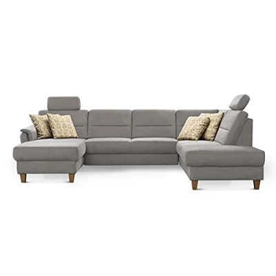 Abbildung von CAVADORE Wohnlandschaft Palera / U Form Federkern Sofa mit Schlaffunktion, Stauraum und 2 Kopfstützen 314 x 89 212 Mikrofaser, Hellgrau