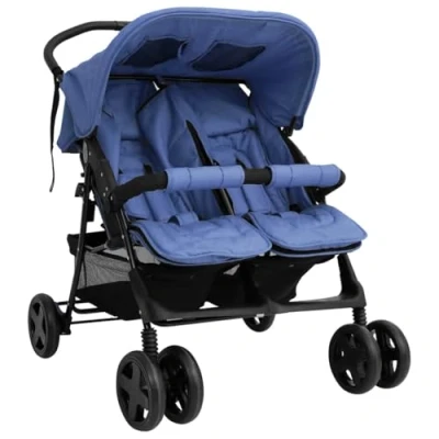 Abbildung von vidaXL Geschwisterwagen Klappbares Design Zwillingswagen Kinderwagen Baby Kinder Buggy Zwillingsbuggy Kinderbuggy Reisebuggy Marineblau Stahl